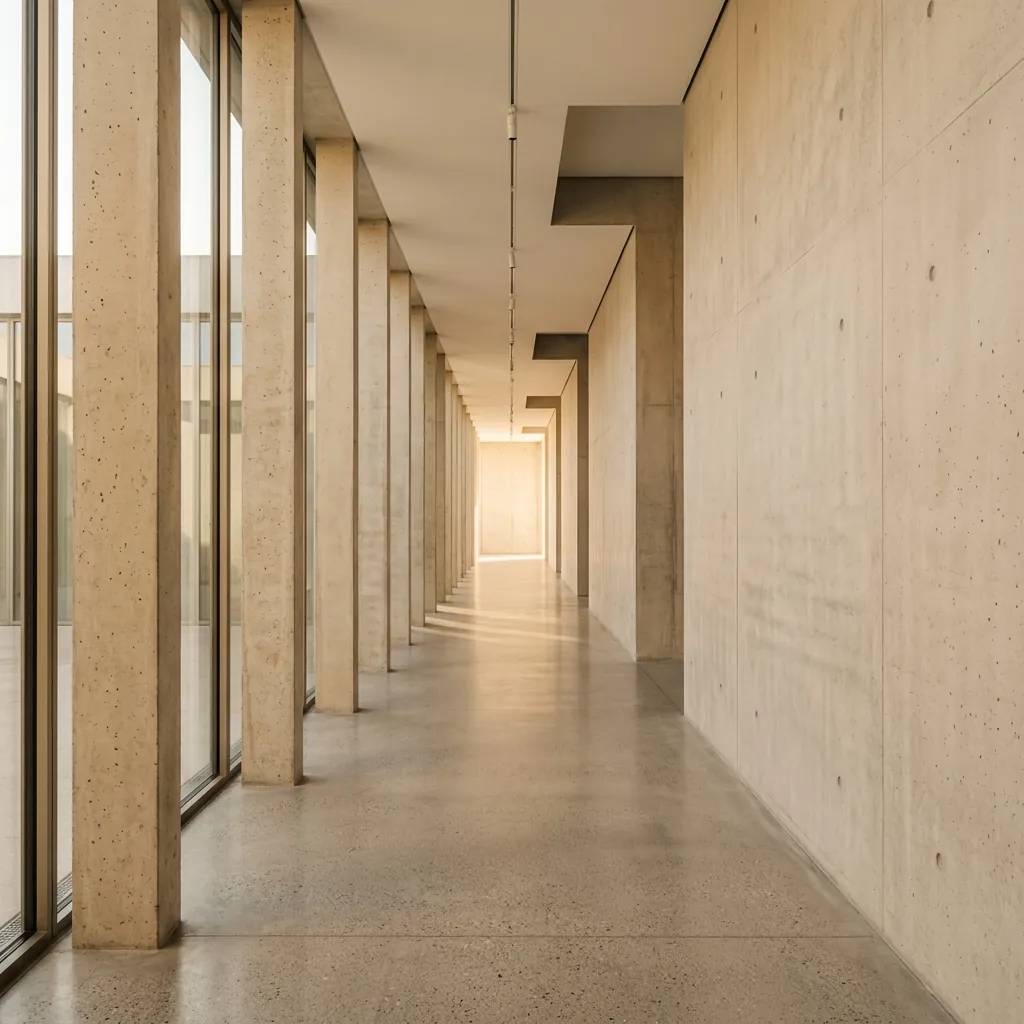 Modernes Architekturprojekt — Beton-Kolonnaden mit warmem Licht